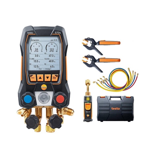Kit de vácuo inteligente testo 570s com mangueiras de vácuo - Manifold digital inteligente com sondas sem fio de vácuo e de temperatura de pinça e conjunto de vácuo com 4 mangueiras